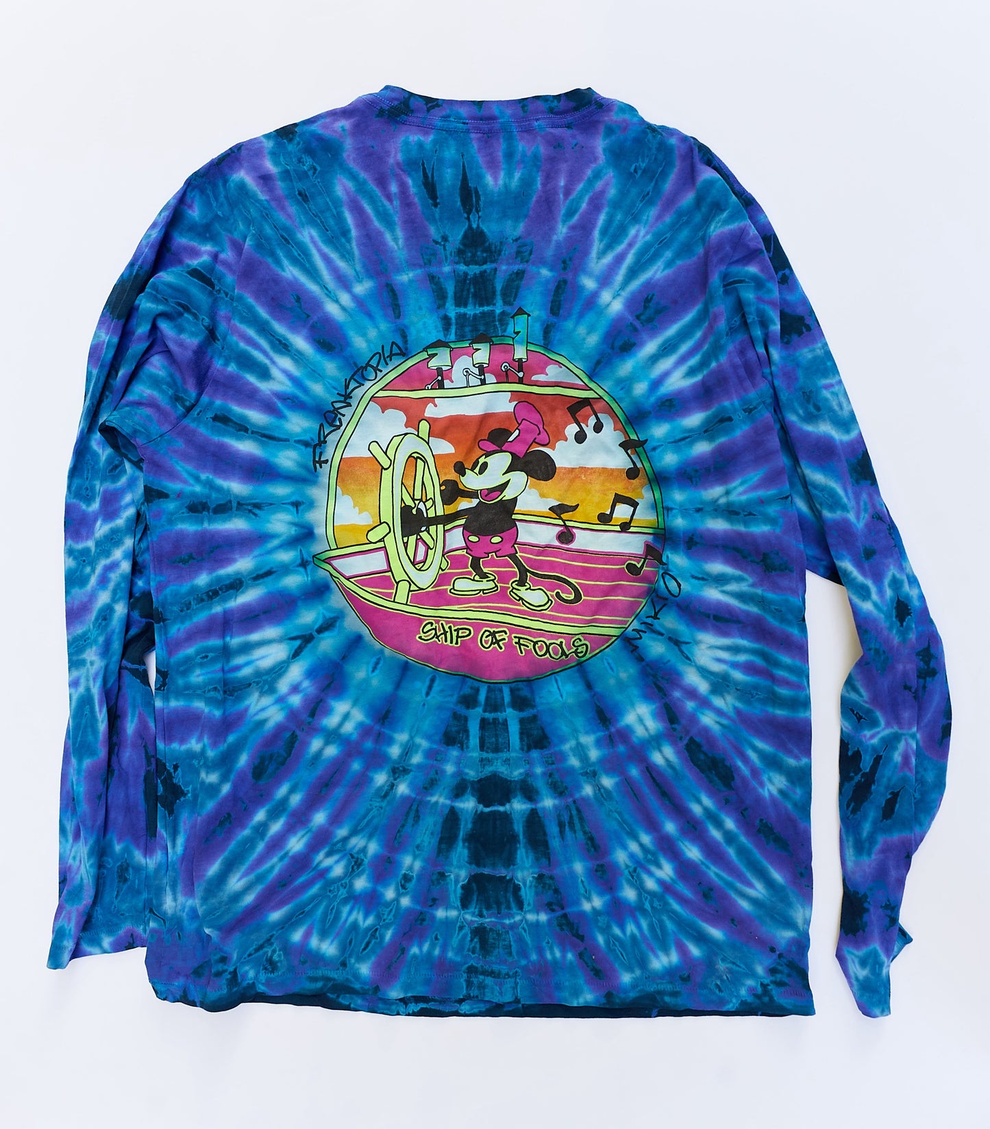 Lost Sailor/Ship of Fools long sleeve tie-dye shirt with graphic design on a white background, back view – Freaktopia